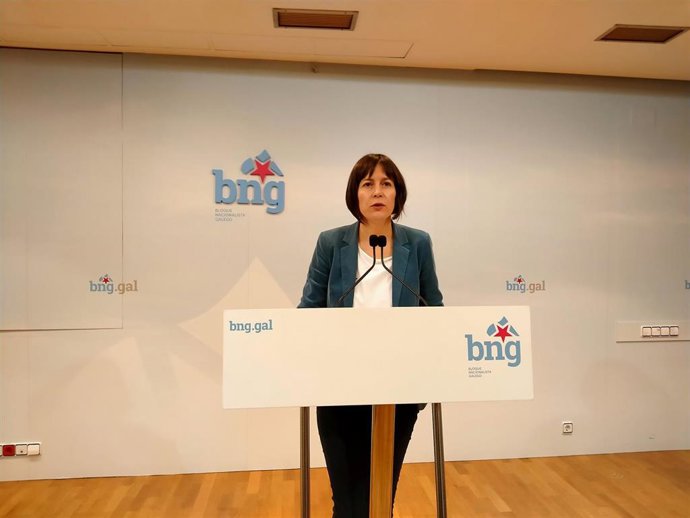 La portavoz nacional del BNG, Ana Pontón, en rueda de prensa este lunes 13 de abril, en plena crisis por el covid-19