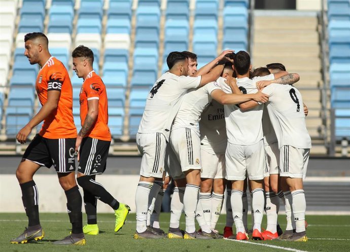 Los jugadores del Real Madrid Castilla celebran un gol en el 'playoff' de ascenso a LaLiga SmartBank ante el Cartagena