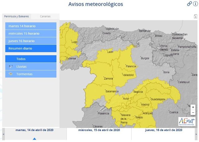Mapa facilitado por la Aemet sobre la previsión de precipitaciones para la tarde del martes