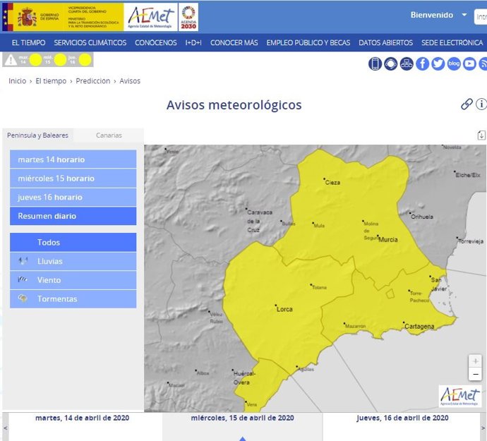 Activan el aviso amarillo por lluvias en la mayor parte de la Región a partir de la próxima madrugada