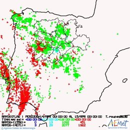 Mapa elaborado por la Aemet sobre los rayos caídos en CyL a fecha de 14 de abril