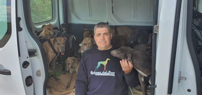 Un miembro de Galgos del Sur con los galgos rescatados en Lucena (Córdoba).