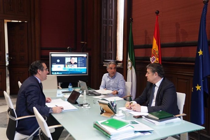 Reunión por videoconferencia del Centro de Coordinación para gestionar la crisis del coronavirus con la Junta de Andalucía y la unidad de Policía Adscrita a la comunidad autónoma.