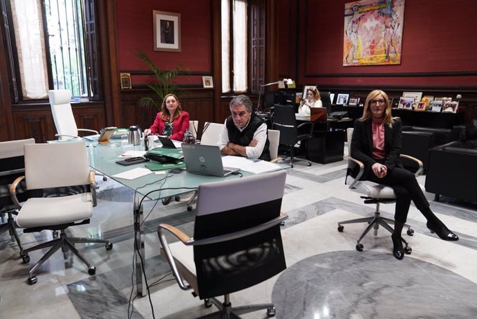 Imagen de la cuenta de Twitter del consejero de la Presidencia, Elías Bendodo, de la videoconferencia que mantuvo el martes con CCOO, UGT y CSIF. 