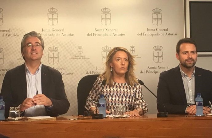 La portavoz del PP en la Junta General, Teresa Mallada, con los portavoces adjuntos Pablo González y Álvaro Queipo