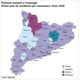 Mapa de Catalunya con los principales destinos extranjeros de los habitantes de cada comarca, durante el 2019