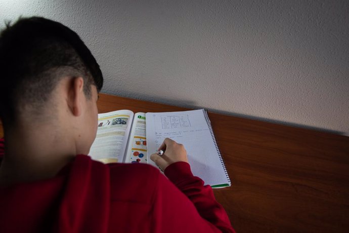 Un niño realiza sus deberes en su habitación durante el confinamiento por el estado de alarma, cuando España es el único país que no deja a los menores salir a la calle 