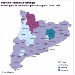 Mapa de Catalunya amb les principals destinacions estrangeres dels habitants de cada comarca, durant el 2019