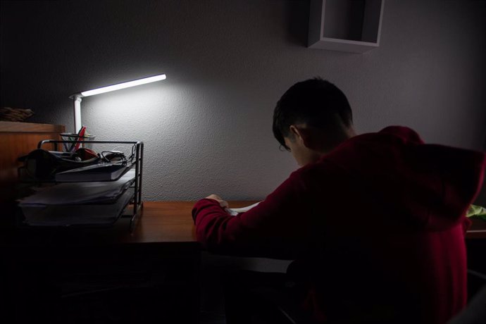 Un niño realiza sus deberes en su habitación durante el confinamiento por el estado de alarma, en Vitoria / País Vasco (España), a 16 de abril de 2020.