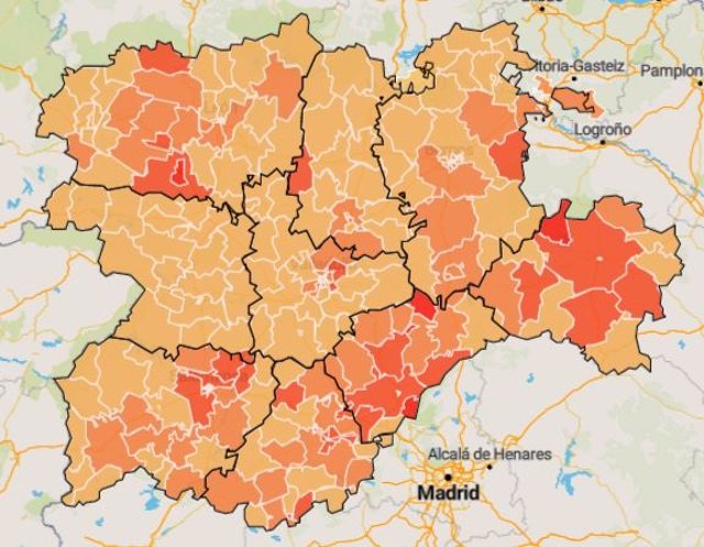 Mapa de la afección por coronavirus en las Zonas Básicas de Salud de Castilla y Léon.