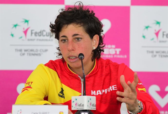 Carla Suárez en una rueda de prensa de la Fed Cup