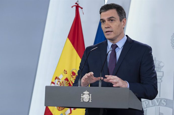 El president del Govern, Pedro Sánchez, durant una roda de premsa  en Moncloa