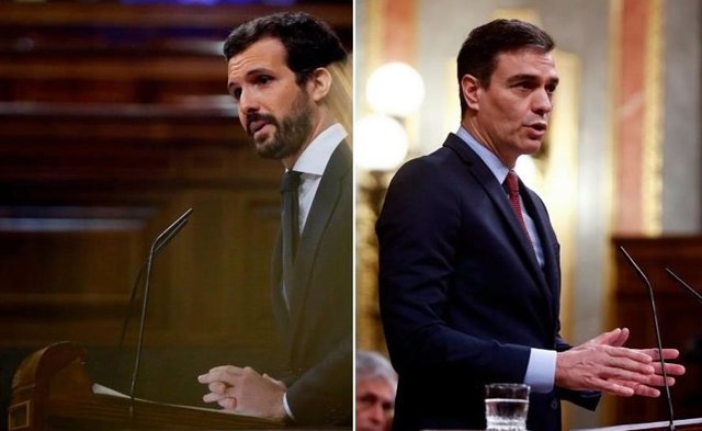 El líder del PP, Pablo Casado, y el presidente del Gobierno, Pedro Sánchez, en una sesión parlamentaria en el Congreso de los Diputados. 