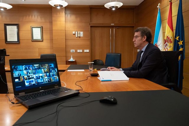 El presidente de la Xunta, Alberto Núñez Feijóo, en la reunión telemática con el presidente del Gobierno, Pedro Sánchez, y el resto de presidentes autonómicos del 19 de abril de 2020.