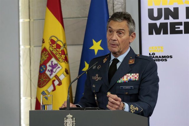 El jefe del Estado Mayor de la Defensa, Miguel Villarroya, interviene en la rueda de prensa convocada por el Comité Técnico del Covid-19 para informar sobre las últimas novedades respecto a la crisis sanitaria. En Madrid, (España), a 18 de abril de 2020.