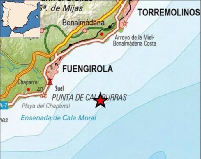 Localización del epicentro de un terremoto de 3,5 grados de magnitud frente a la costa de Fuengirola (Málaga)