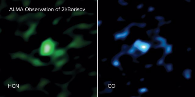 ALMA observó gas de ácido cianhídrico (HCN, a la izquierda) y de monóxido de carbono (CO, a la derecha) saliendo del cometa interestelar 2l/Borisov. 
