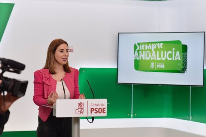 La portavoz de Educación del PSOE-A en el Parlamento, Beatriz Rubiño, en rueda de prensa, en una foto de archivo.