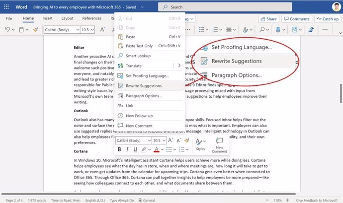 Microsoft Word introduce las sugerencias para oraciones enteras