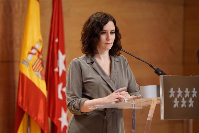 Imagen de recurso de la presidenta de la Comunidad de Madrid, Isabel Díaz-Ayuso, durante una rueda de prensa en la sede del Gobierno regional.