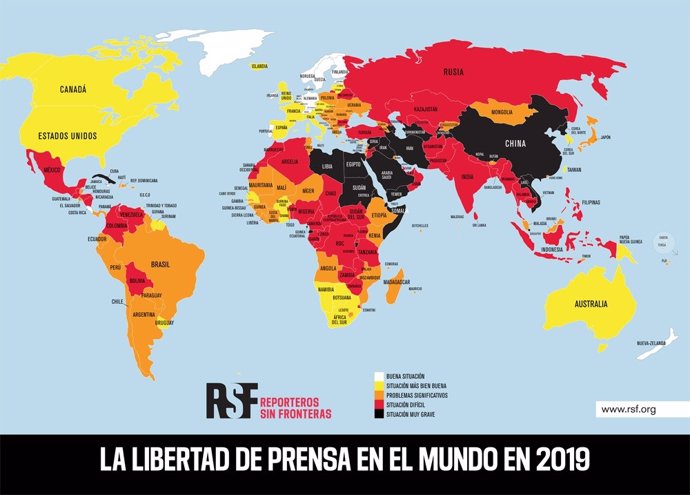Mapa de la Clasificación Mundial de la Libertad de Prensa de RSF en 2020