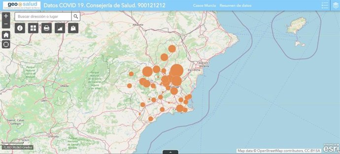 Imagen de la nueva herramienta web y la distribución de casos de coronavirus en la Región