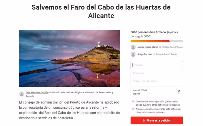 Campaña contra la iniciativa para hacer un restaurante en el Faro del Cabo de las Huertas.
