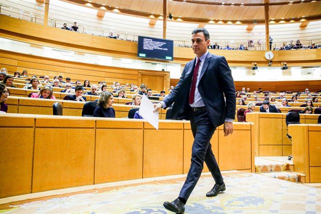 El presidente del Gobierno, Pedro Sánchez, durante su primera sesión de control en el Senado en Madrid el 25 de febrero de 2020