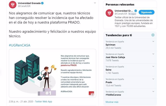 Mensaje en Twitter donde la UGR traslada la resolución de la incidencia en Prado