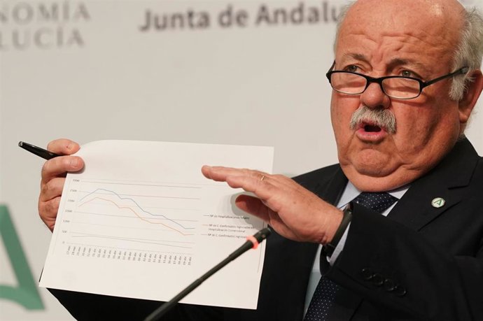 El consejero andaluz de Salud y Familias, Jesús Aguirre, muestra una gráfica en la rueda de prensa posterior a la reunión del gabinete de crisis de la Junta por el coronavirus.