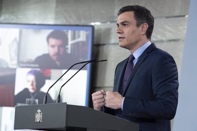 El presidente del Gobierno, Pedro Sánchez, durante una rueda de prensa , en Madrid (España) a 12 de abril de 2020.