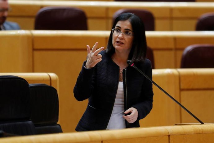 La ministra de Política Territorial y Función Pública, Carolina Darias, durante su intervención en la primera sesión de control al Gobierno en el Senado desde la declaración del estado de alarma con un presencia reducida al 10% de los senadores para así