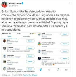 Cuenta de Twitter de Adriana Lastra en la que denuncia un extraño crecimiento exponencial de sus seguidores.