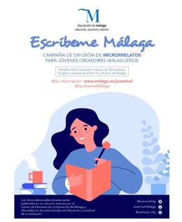 Cartel escríbeme Málaga de la DIputación para que los jóvenes escriban microrrelatos