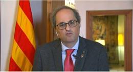 El presidente de la Generalitat, Quim Torra, comparece tras la sexta videoconferencia de presidentes autonómicos por el coronavirus, a fecha 19 de abril de 2020.