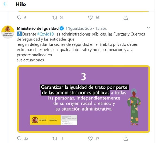 Tuit compartido por el Ministerio de Igualdad sobre la proporcionalidad de la Policía durante el Covid-19.