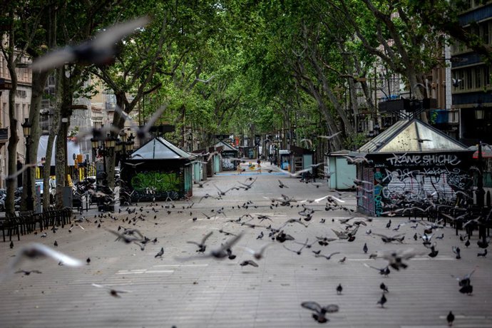 La Rambla de Barcelona clareja buida un dia marcat per la festivitat de Sant Jordi, que a diferncia d'altres anys, aquest no es pot celebrar amb normalitat a causa de la crisi del Covid-19 i al confinament al que es veuen sotmesos els espanyols des d'ha