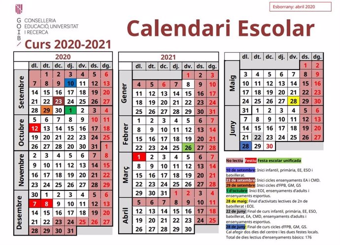 Calendario escolar de Baleares para el curso 2020-2021