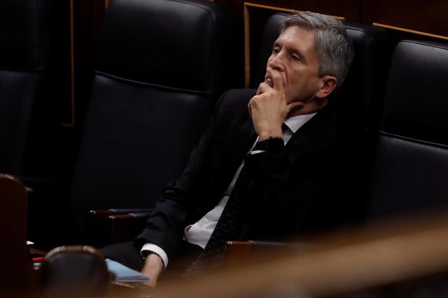 El ministro del Interior, Fernando Grande-Marlaska, durante el pleno celebrado este miércoles en el Congreso, en el que el presidente del Gobierno, Pedro Sánchez, expone los resultados de los últimos consejos europeos y los motivos por los que solicita un