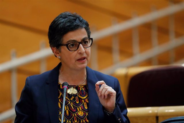 La ministra de Asuntos Exteriores, Arancha González Laya, durante su intervención en la primera sesión de control al Gobierno en el Senado desde la declaración del estado de alarma con un presencia reducida 