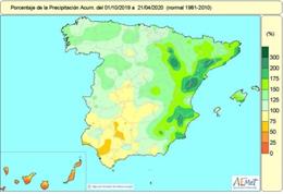 Balance de lluvias acumuladas en España desde el 1 de octubre de 2019 hasta el 21 de abril de 2020.