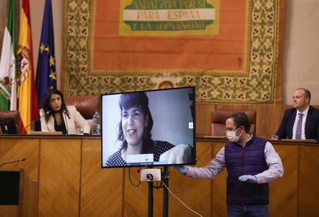 La presidenta del grupo parlamentario de Adelante Andalucía, Teresa Rodríguez, interviene de forma telemática en la Diputación Permanente.