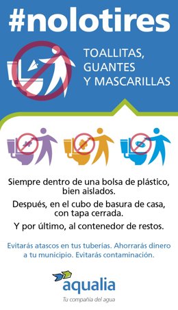 Aqualia lanza una campaña para recordar que no se debe usar el WC como una papelera y que guantes, toallitas o mascarillas no se pueden echar al inodoro.