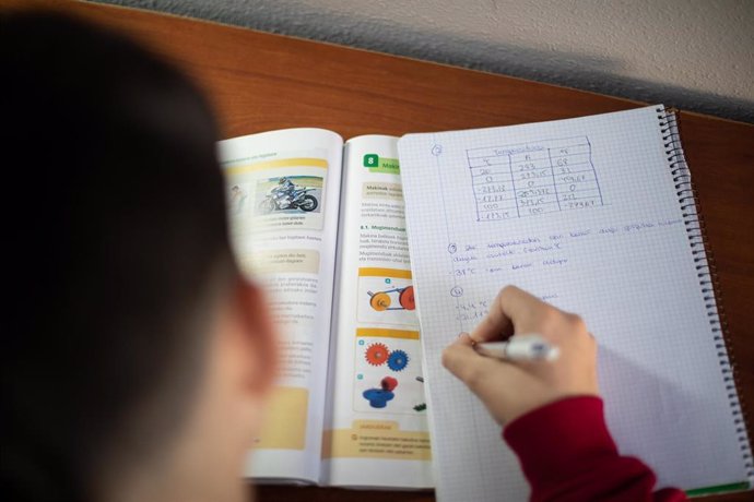 Un estudiante hace deberes en su casa de Vitoria durante el confinamiento por el coronavirus.