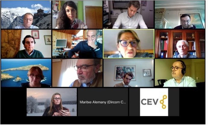 El presidente de la CEV, Salvador Navarro, y la eurodiputada y miembro de la Comisión de Comercio Internacional, Inmaculada Rodríguez-Piñero, junto a miembros de sus equipos en videoconferencia