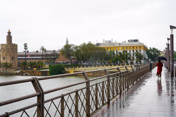 Puente de  San Telmo  en una mañana de tormentas y lluvias en la quinta semana del estado de alarma por el coronavirus COVI-19. Sevilla a 15 de abril 2020