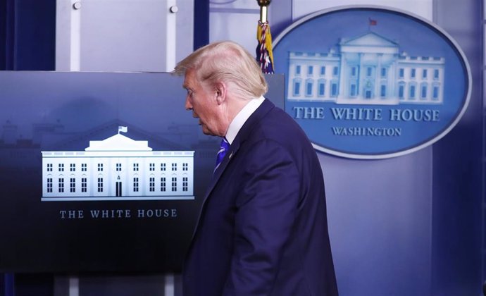 April 23, 2020 - Washington, DC USA: US President Donald J. Trump departs after delivering remarks on the COVID-19 pandemic in the James S. Brady Press Briefing Room of the White House in Washington, DC, USA, 23 April 2020.