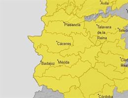 Avisos amarillos por lluvias y tormentas en Extremadura