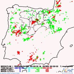 Rayos registrados en Castilla y León este viernes, 24 de abril.