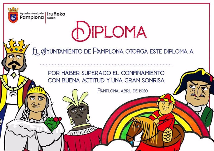 Diploma del Ayuntamiento de Pamplona reconociendo el "gran esfuerzo" de los menores durante el confinamiento